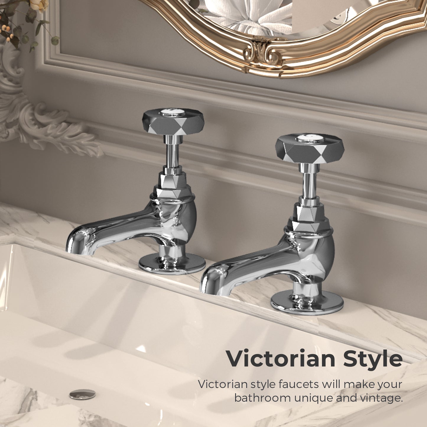 Vancoco Basin Taps Pair Mixers Waterfall Victoria Traditional Bathroom Sink Taps Mixer in Pair Classic Chrome Brass Hexagon handle