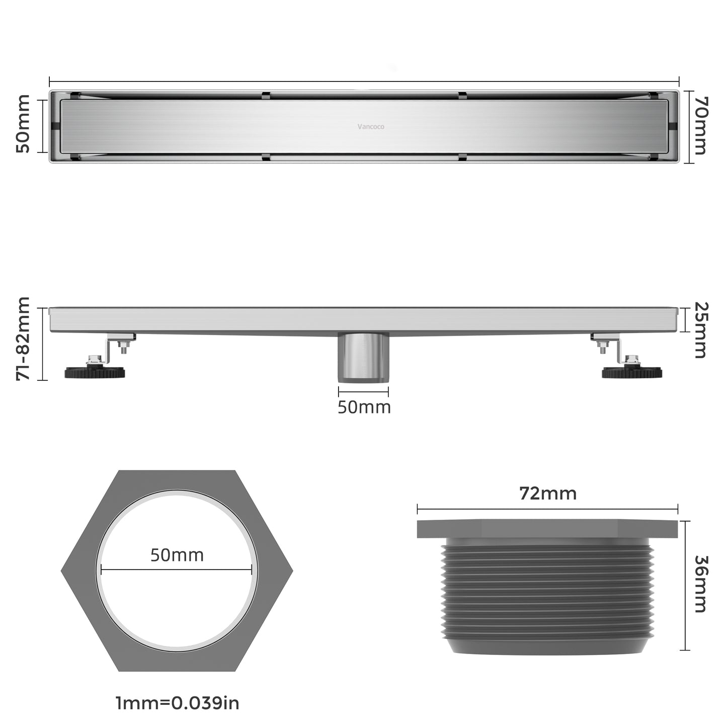 Vancoco Stainless Steel Shower Drain 60 cm Floor Drain Complete Set 2-in-1 Can be Tiled Double-Sided Extra Flat 360° Siphon Drain Channel with Odour Stop Hair Strainer Hair Filter