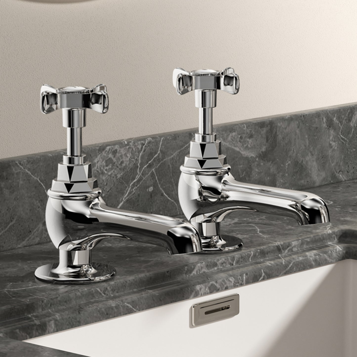 Vancoco Basin Taps Pair Mixers Waterfall Victoria Traditional Bathroom Sink Taps Mixer in Pair Classic Cross Lever Chrome Brass
