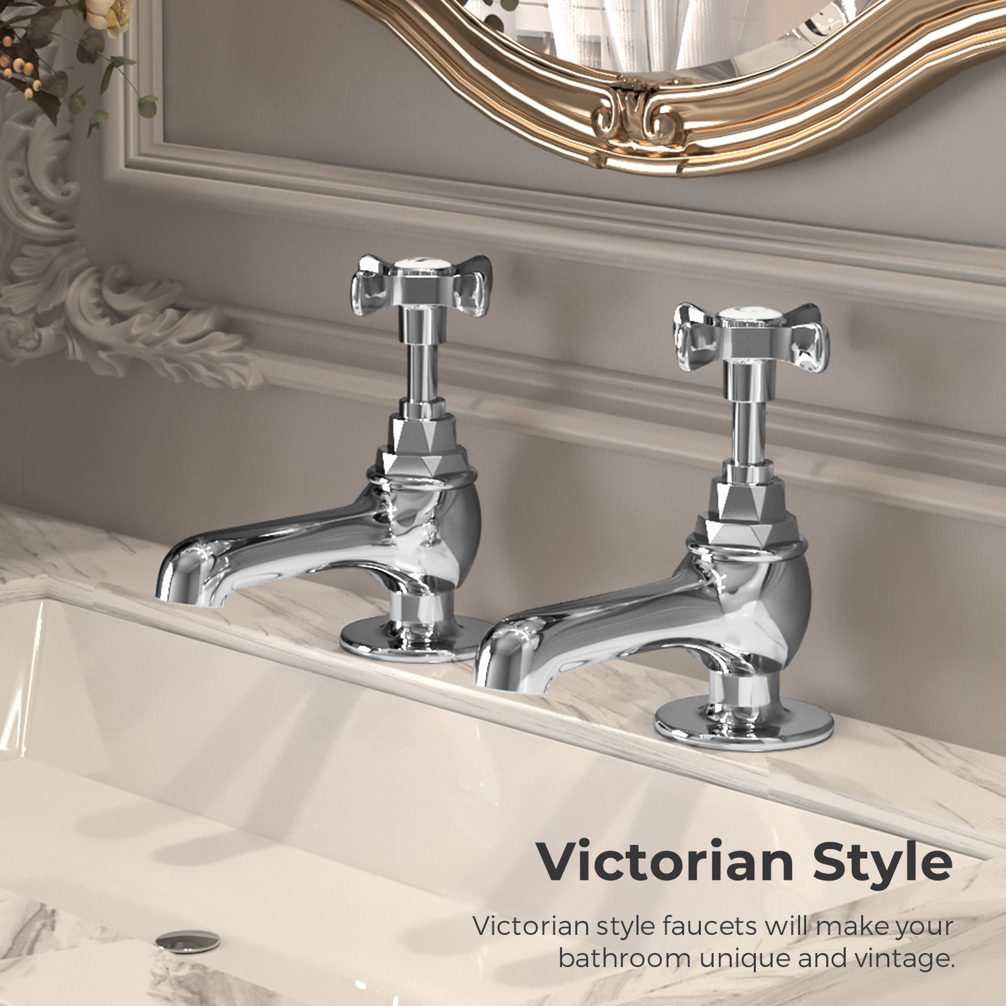 Vancoco Basin Taps Pair Mixers Waterfall Victoria Traditional Bathroom Sink Taps Mixer in Pair Classic Cross Lever Chrome Brass